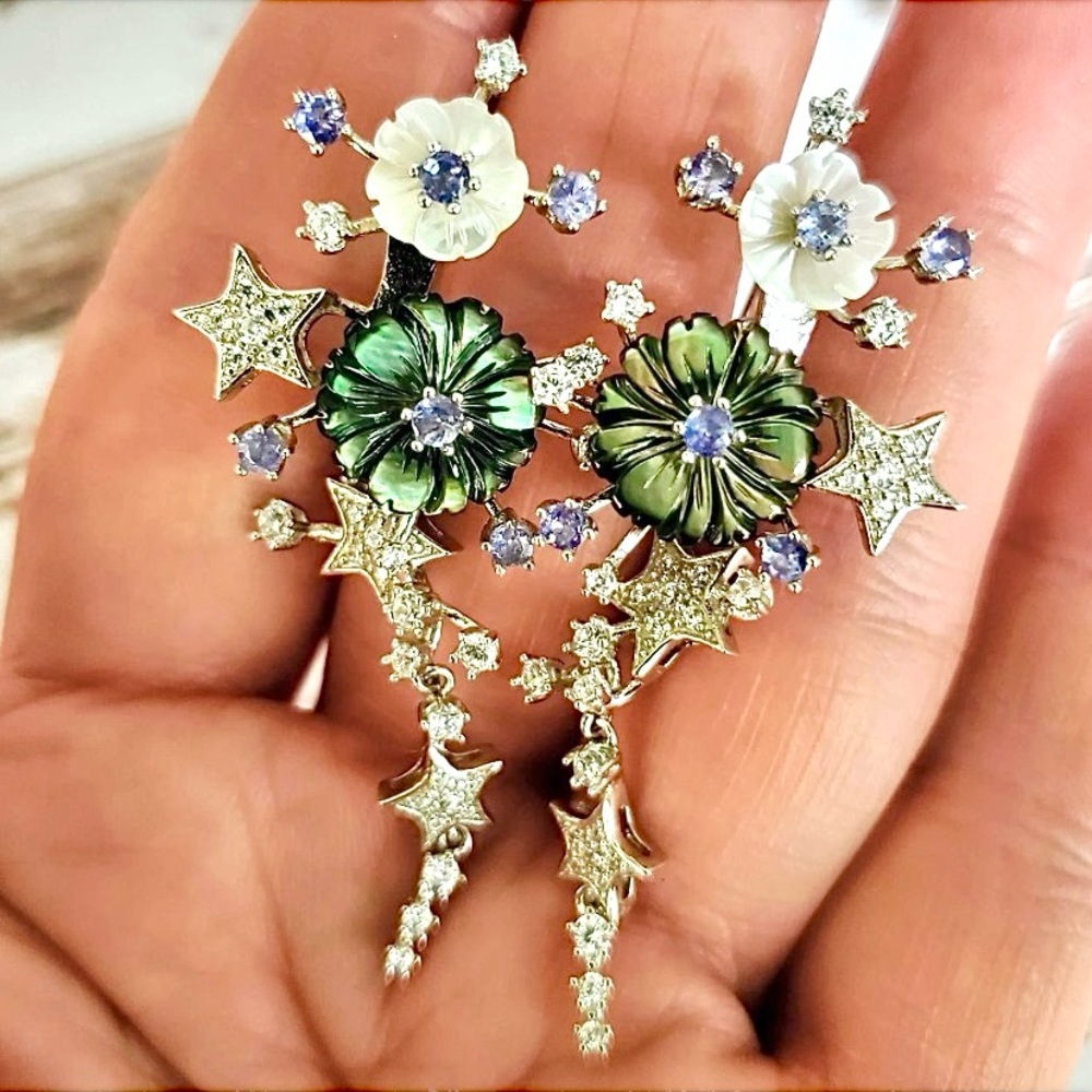 Artisan Tanzanite Floral Sterling Earrings - Picture 3 of 10